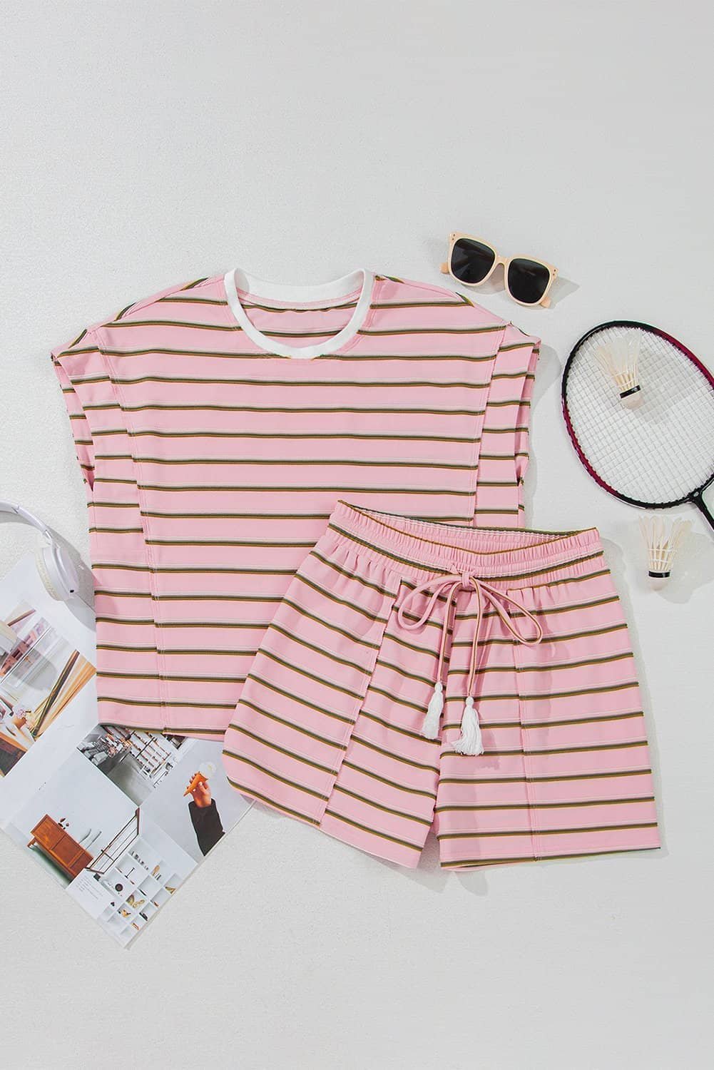 Pink Stripe Wide Short Sleeve Tee And Short Set