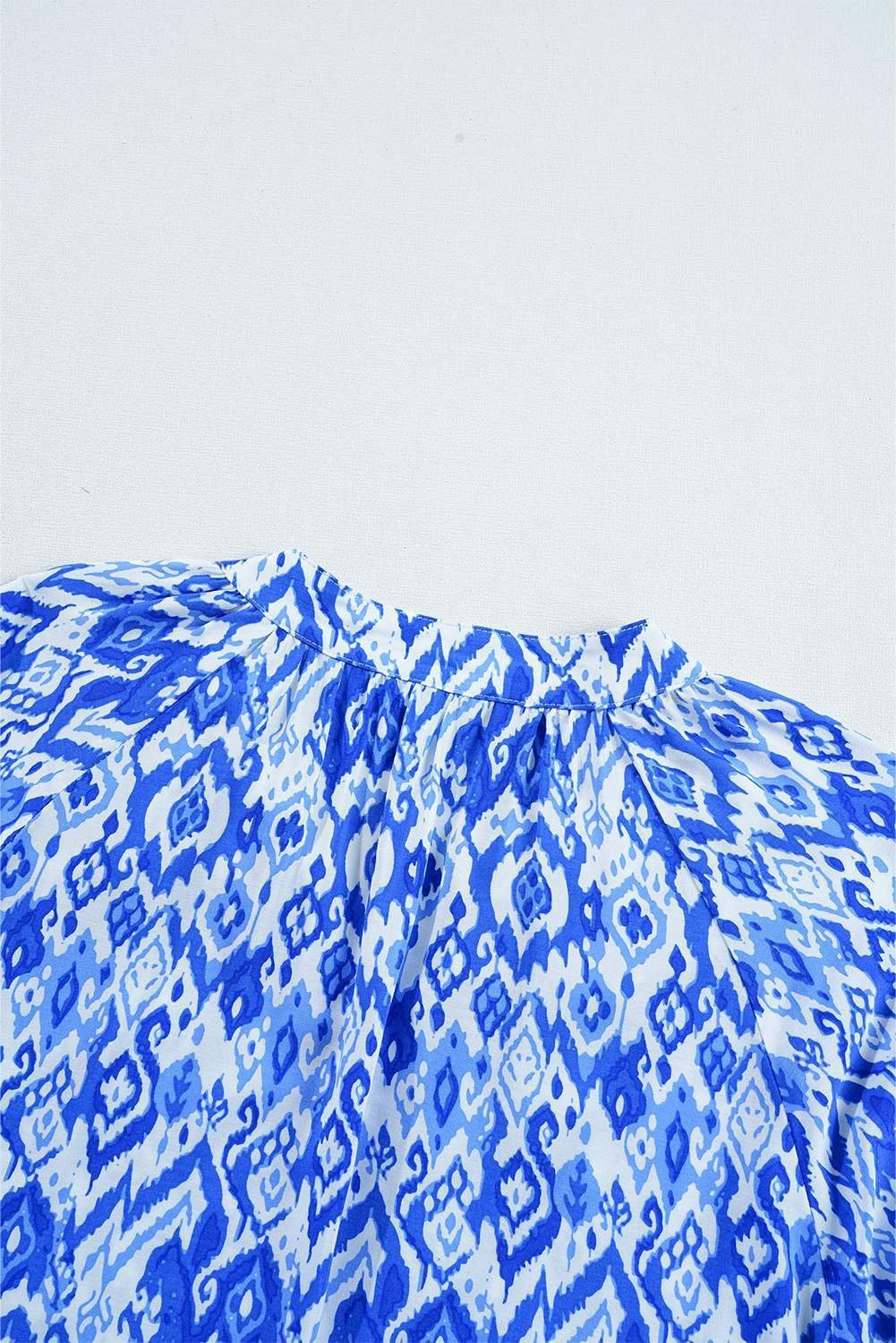 Blue Boho Printed 3/4 Sleeve Tied Neck Blouse