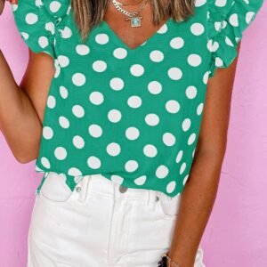 Green Polka Dot Print Ruffled Sleeve V Neck Blouse