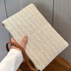 Oatmeal Straw Woven Wrist Strap Zipper Large Wallet
