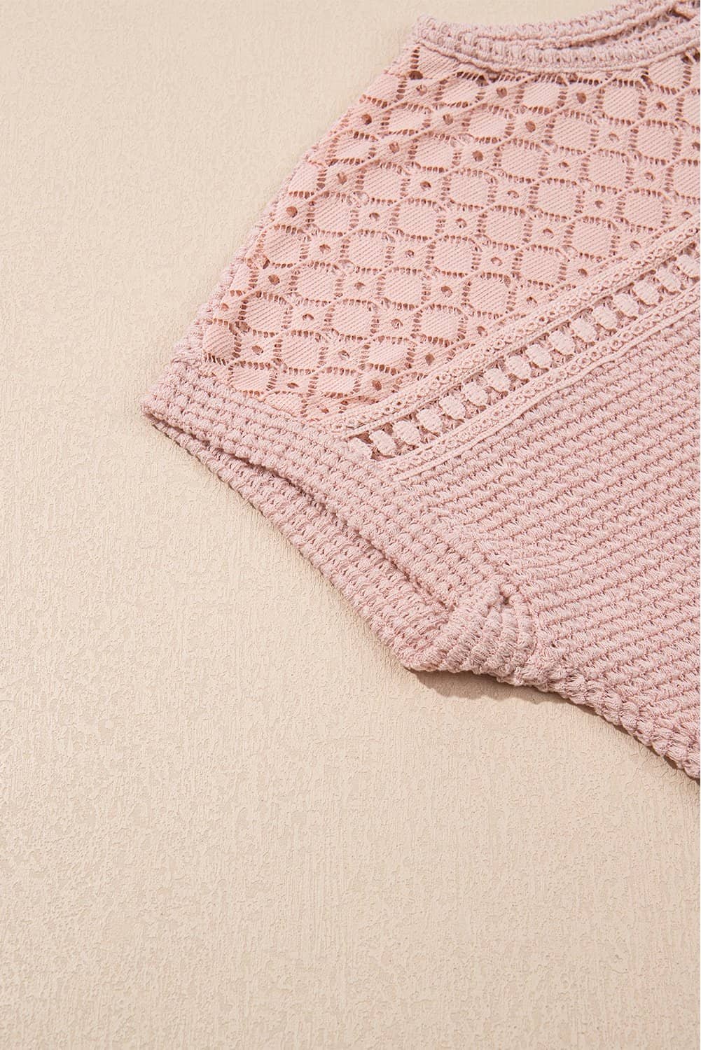 Light Pink Lace Patchwork Waffle Short Sleeve Top