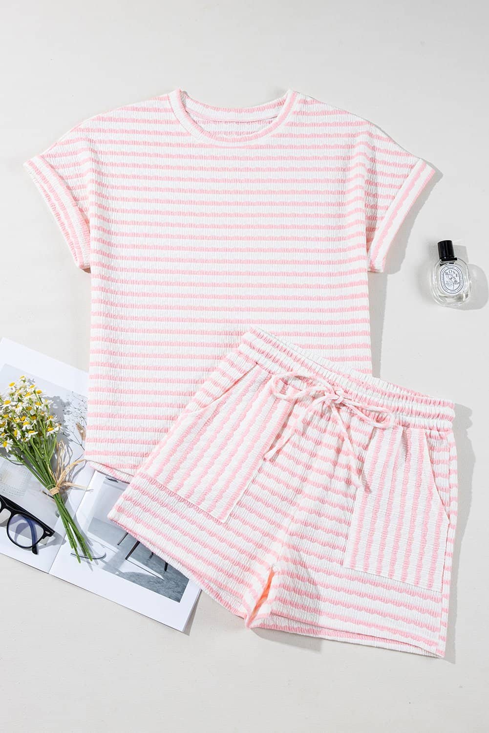 Pink Stripe Knitted Short Sleeve Top And Drawstring Shorts Set