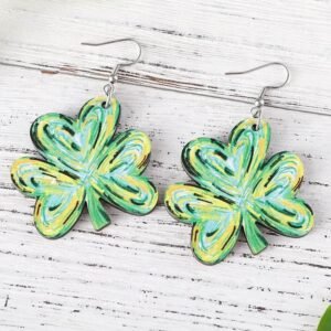 Light Green St. Patrick Painted Shamrock Shape Drop Earrings