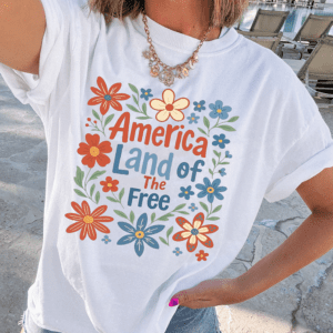 White America Land Of The Free Flower Graphic Crewneck T Shirt