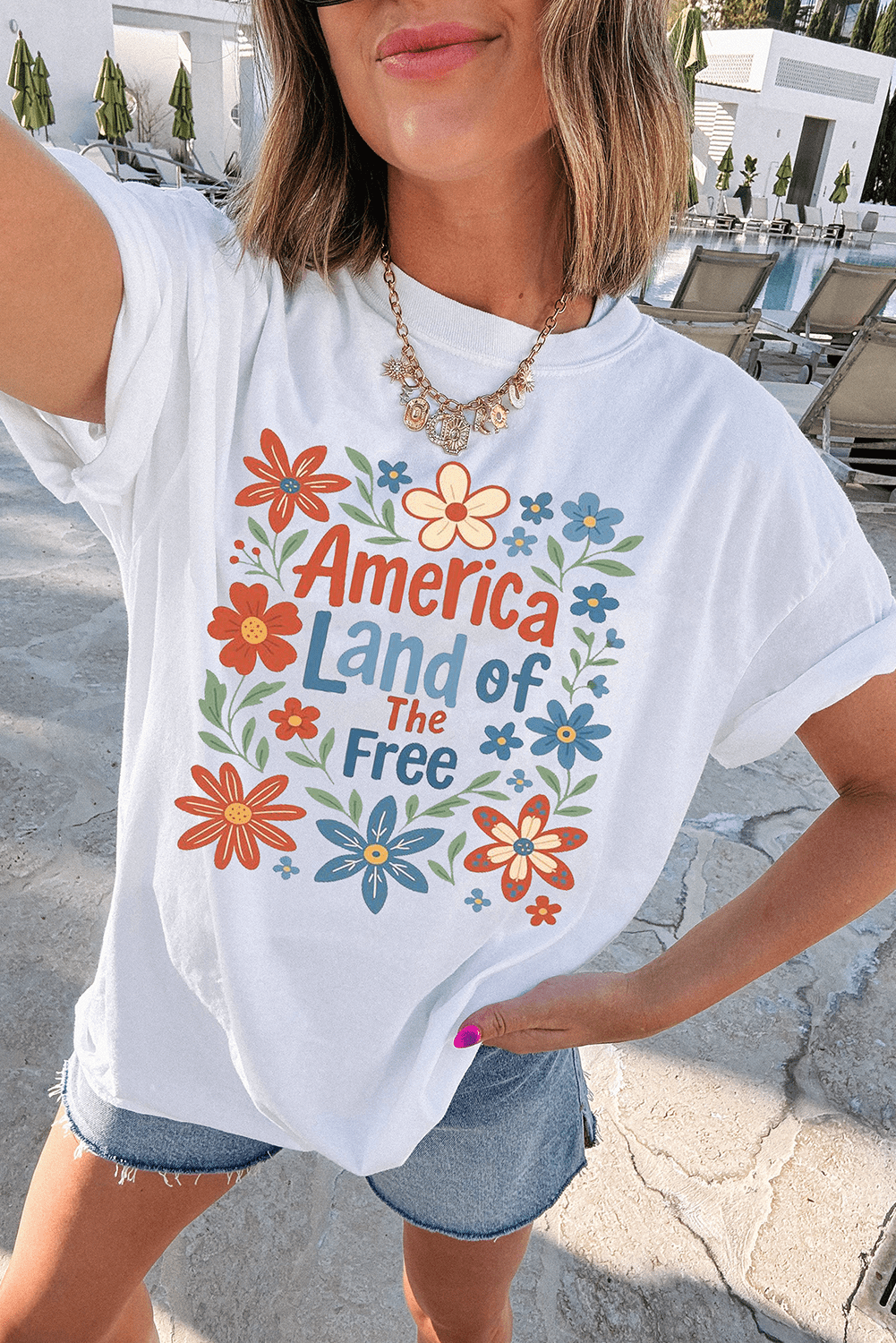 White America Land Of The Free Flower Graphic Crewneck T Shirt