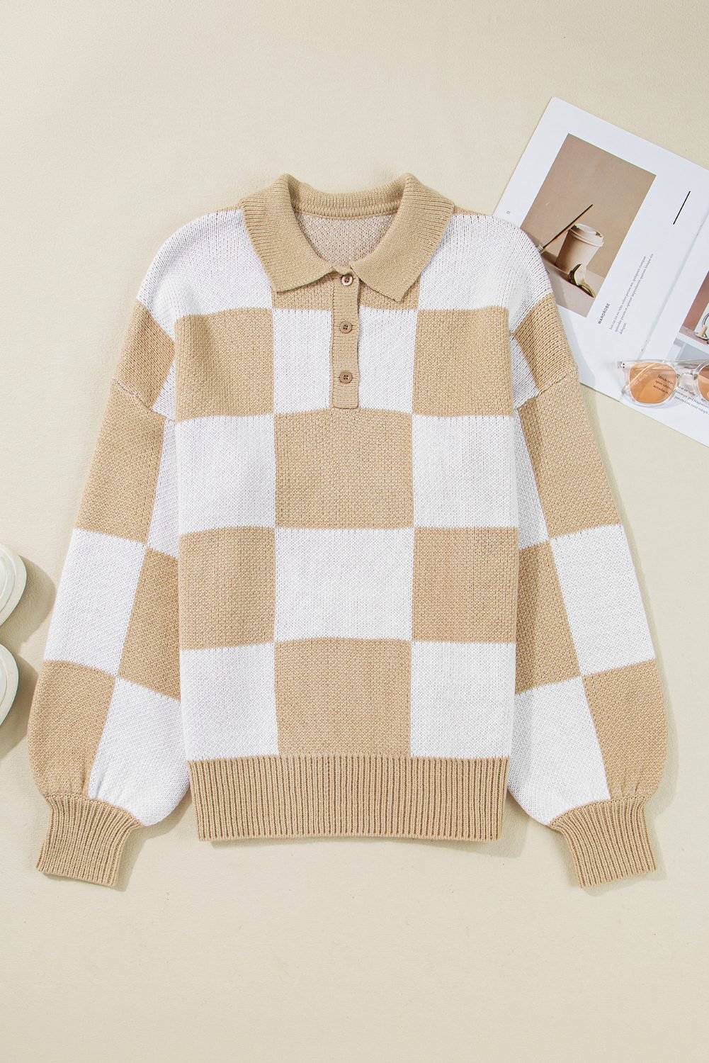 Light French Beige Checkered Pattern Polo Collar Loose Sweater