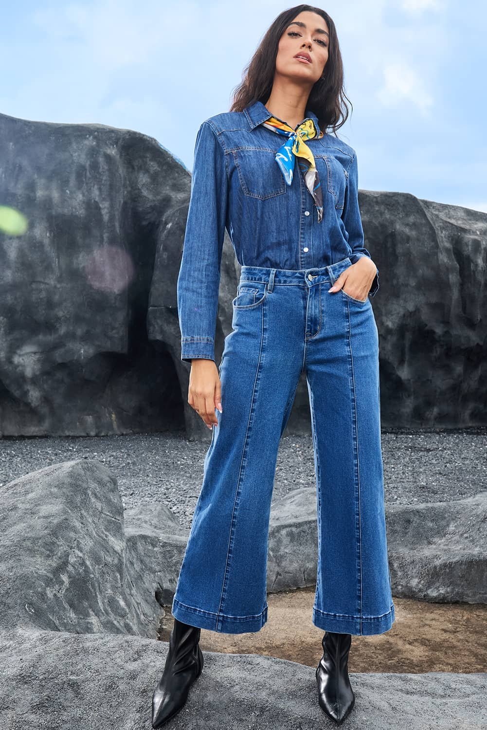 Dark Blue Plain Seam Detail Flared Bottom Ankle Length Jeans
