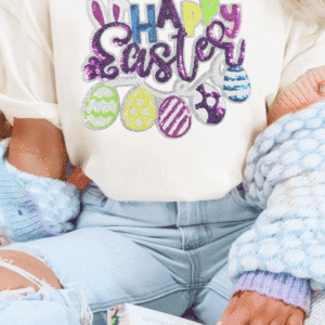 White Happy Easter Sequin Patched Casual Tee