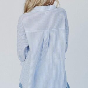 Sky Blue Stripe Ruffled Button Up Long Sleeve Shirt