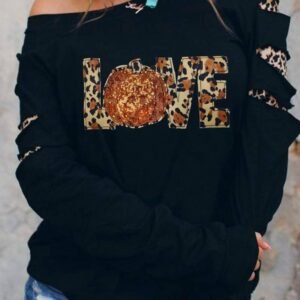 Black Love Sequin Pumpkin Leopard Print Cut Out Sleeve Sweatshirt