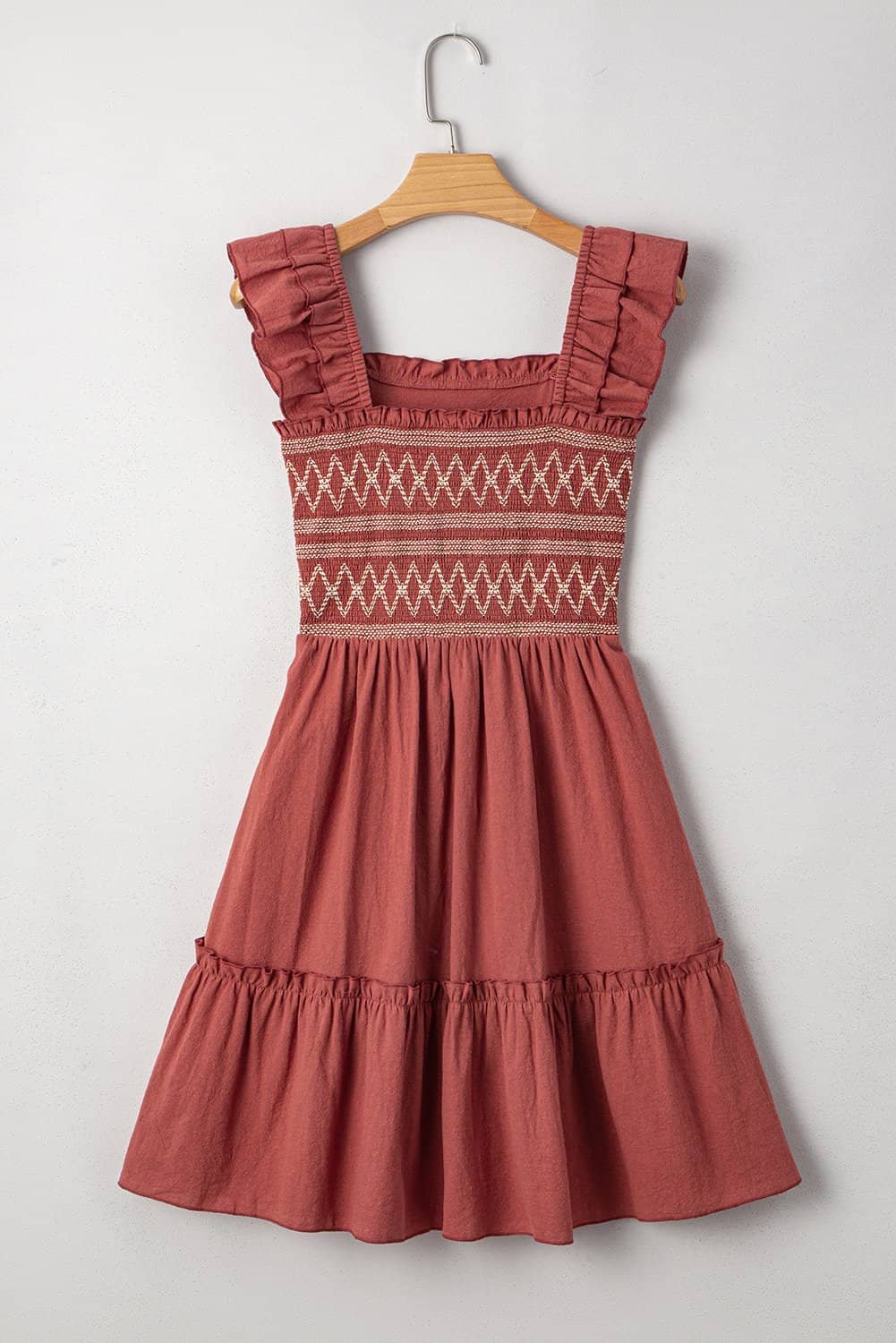 Red Sandalwood Geometric Stitch Shirred Bodice Ruffled Trim Sleeveless Mini Dress