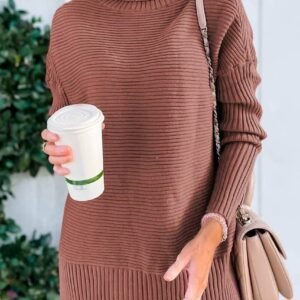 Mineral Red Turtleneck Ribbed Knit Tunic Sweater