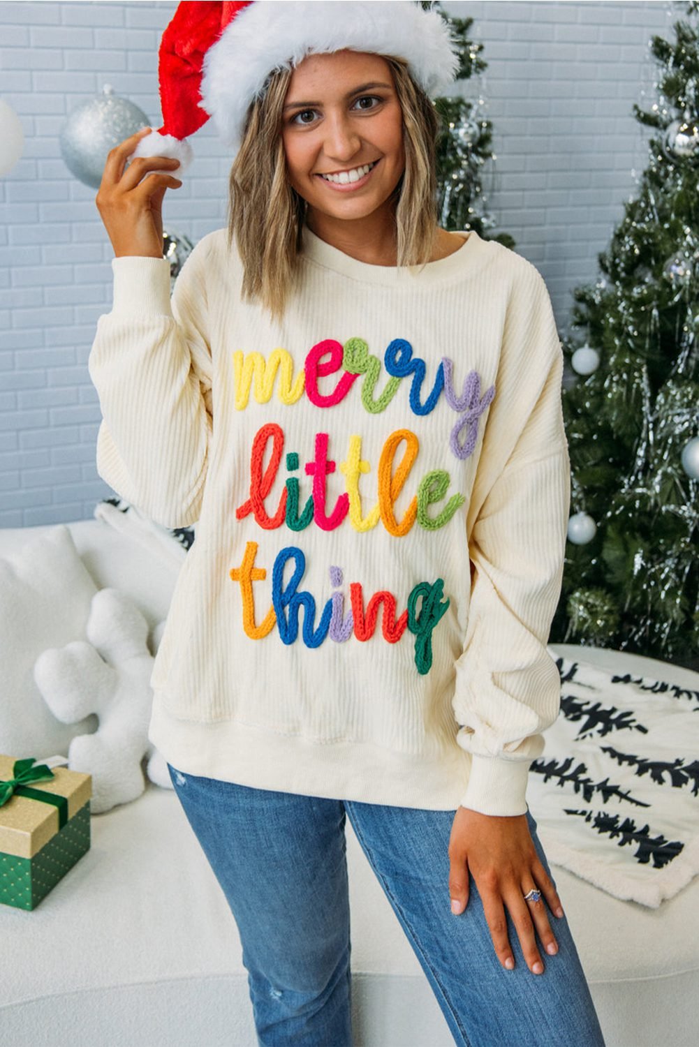 Beige Merry Little Thing Corded Letter Graphic Ribbed Loose Sweatshirt
