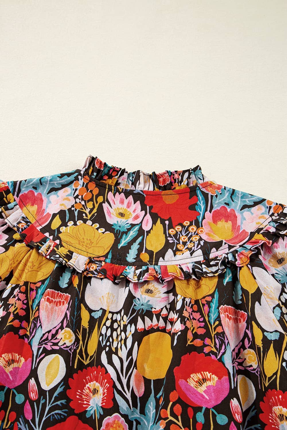 Black Floral 3/4 Puff Sleeve Tied Neck Blouse