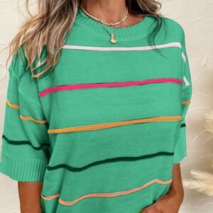 Green Colorblock Striped Half Sleeve Drop Shoulder Sweater