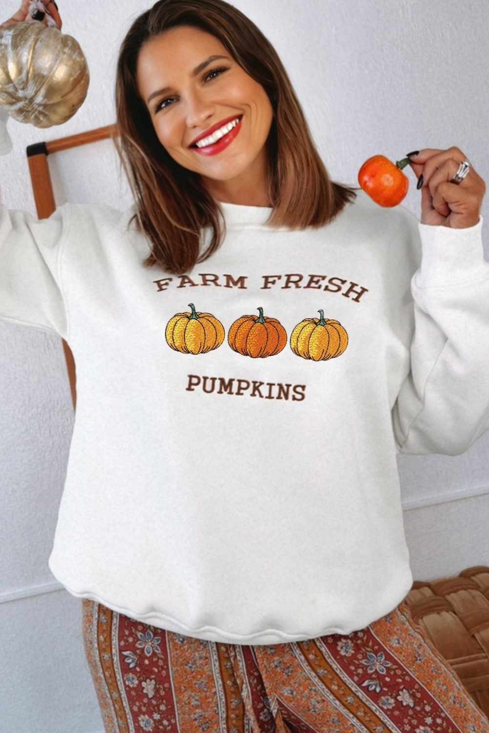 White Farm Fresh Pumpkins Embroidered Graphic Thanksgiving Holiday Sweatshirt