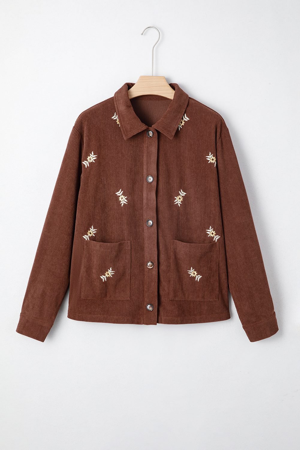 Coffee Floral Embroidered Collar Button Front Corduroy Jacket With Pocket