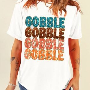 White Heat Transfer Gobble Graphic Crewneck Thanksgiving T Shirt