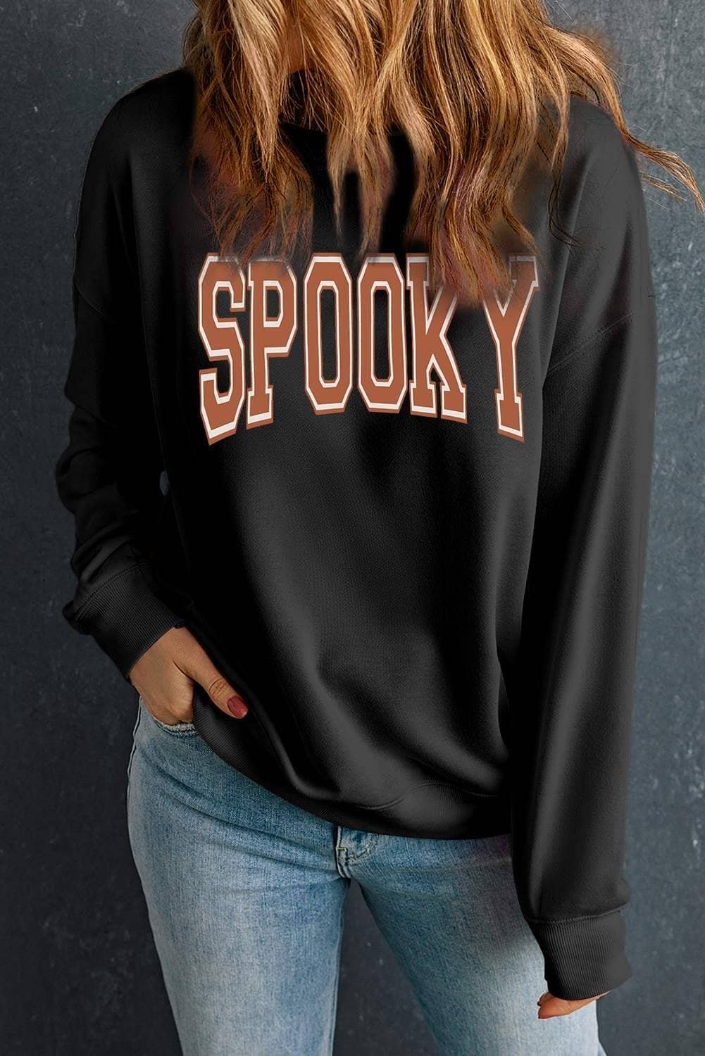 Black Spooky Graphic Drop Shoulder Halloween Pullover Sweatshirt