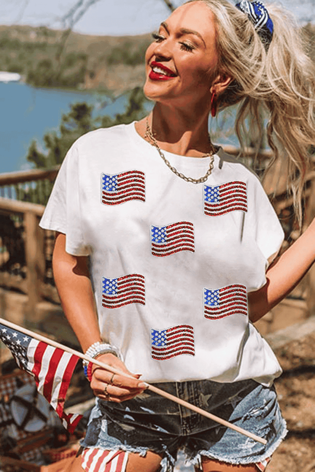 White Sequin American Flag Patched Casual T Shirt