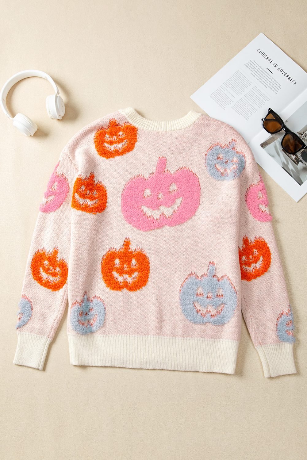 Beige Halloween Cute Pumpkin Pattern Sweater