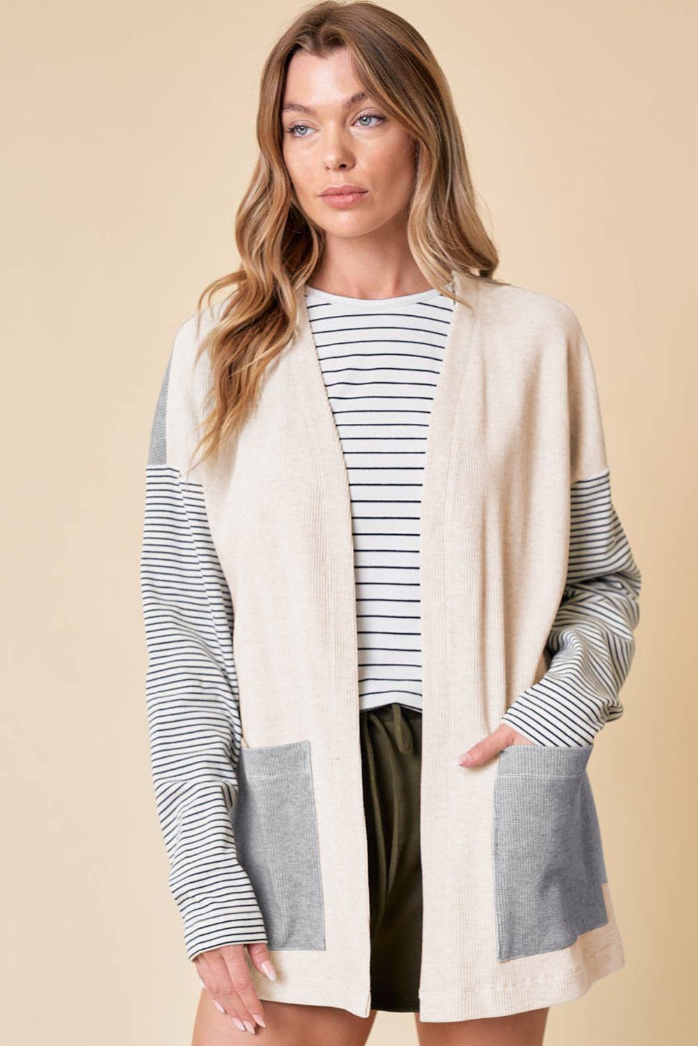 Black Stripe Colorblock Patchwork Open Front Cardigan With Pocket