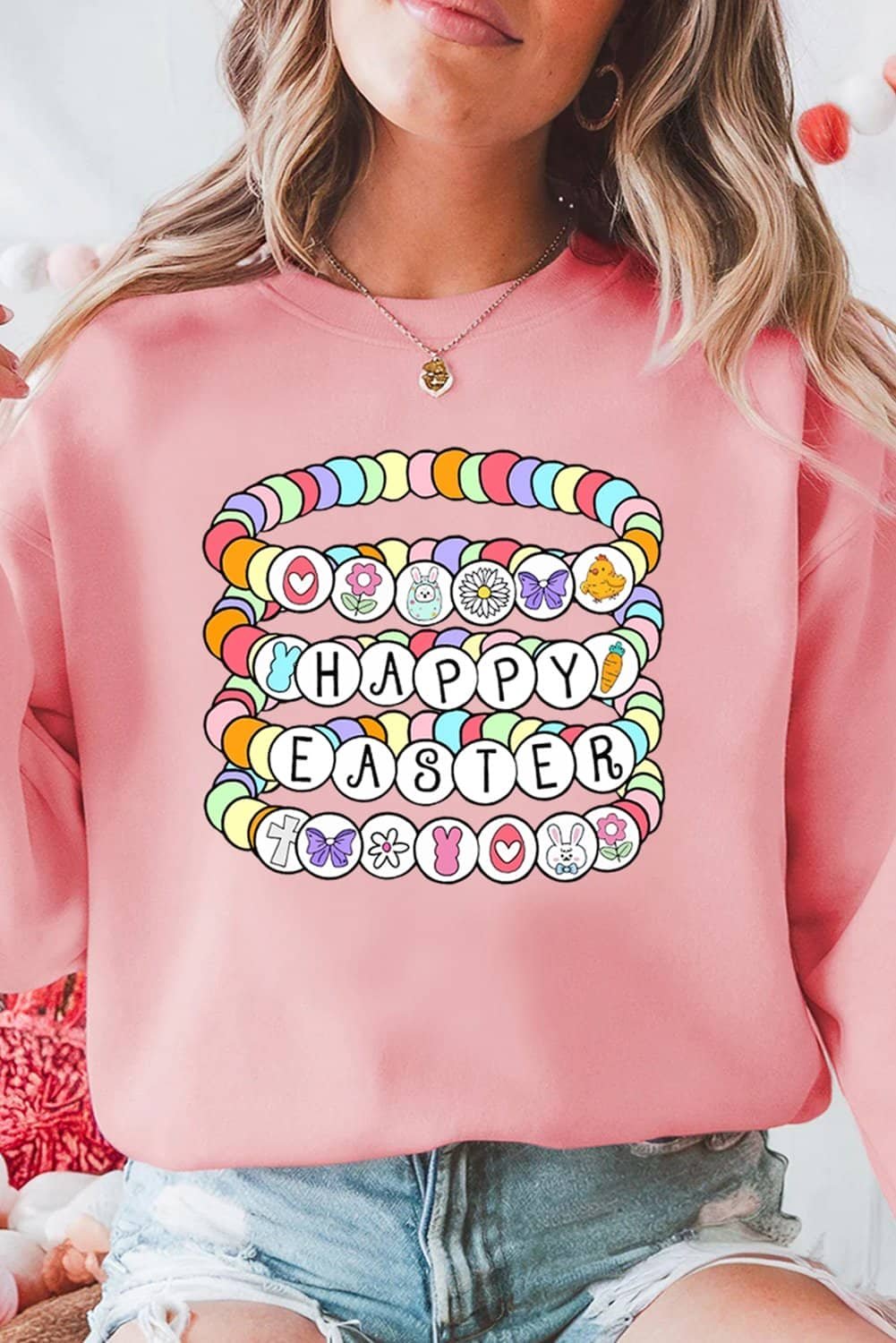 Pink Happy Easter Bracelet Print Drop Shoulder Sweatshirt