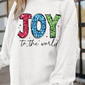 White Joy To The World Ribbed Crewneck Pullover Sweatshirt
