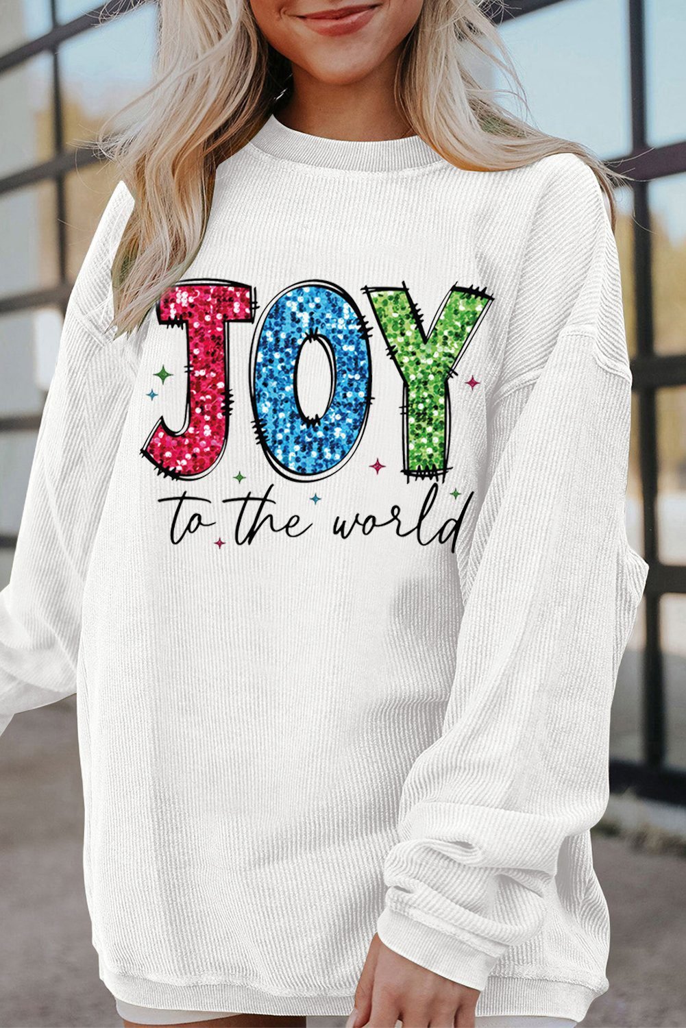White Joy To The World Ribbed Crewneck Pullover Sweatshirt