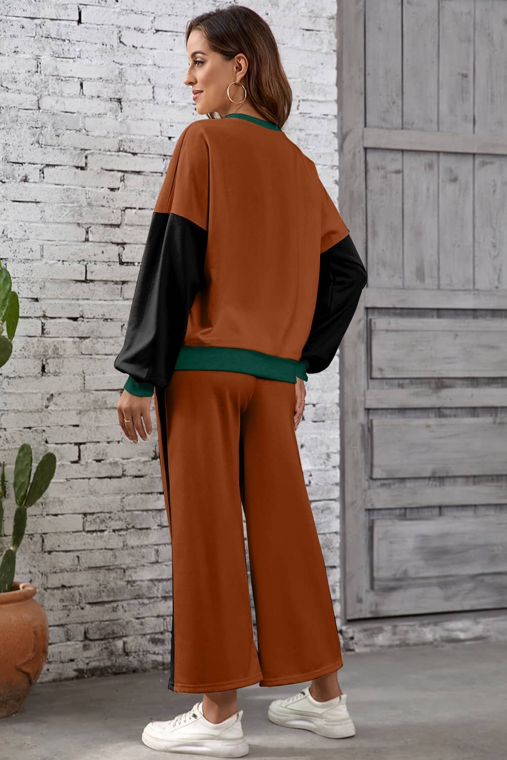 Chestnut 2Pcs Color Block Pullover Loose Pant Set