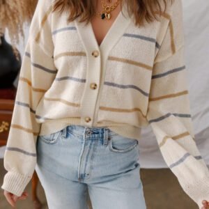 Multicolour Striped Buttoned Front V Neck Drop Shoulder Cardigan Sweater
