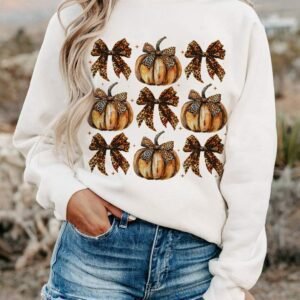 Beige Pumpkin Leopard Bow Knot Print Pullover Sweatshirt