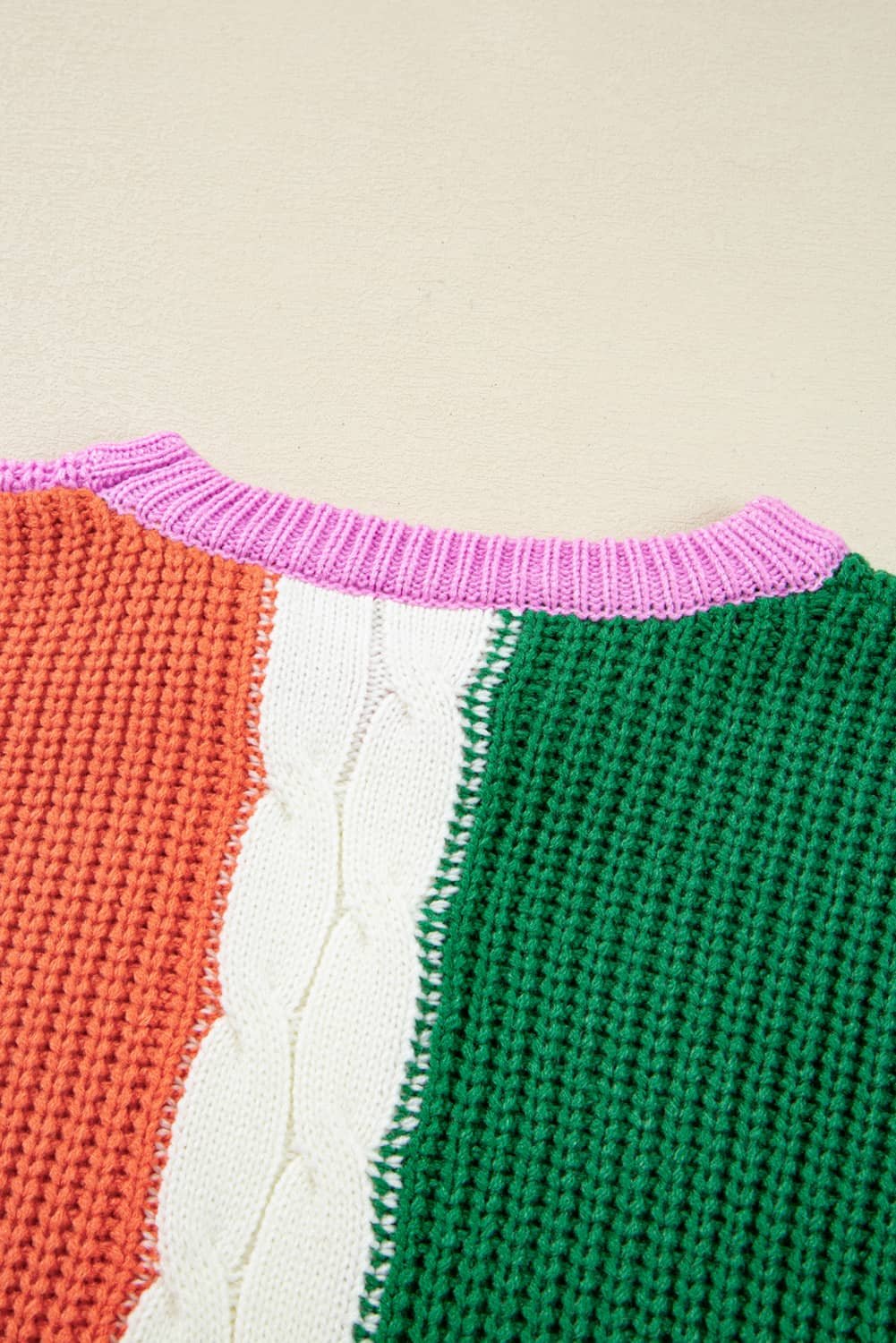 Desert Gold Color Block Textured Knit Drop Shoulder Loose Fit Sweater