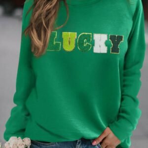 Green St Patricks Lucky Chenille Embroidered Graphic Sweatshirt