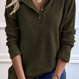 Jungle Green Rib Textured Henley Knit Top