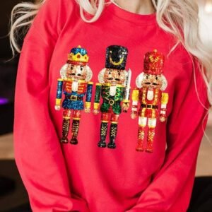 Red Christmas Metallic Nutcracker Graphic Crew Neck Sweatshirt