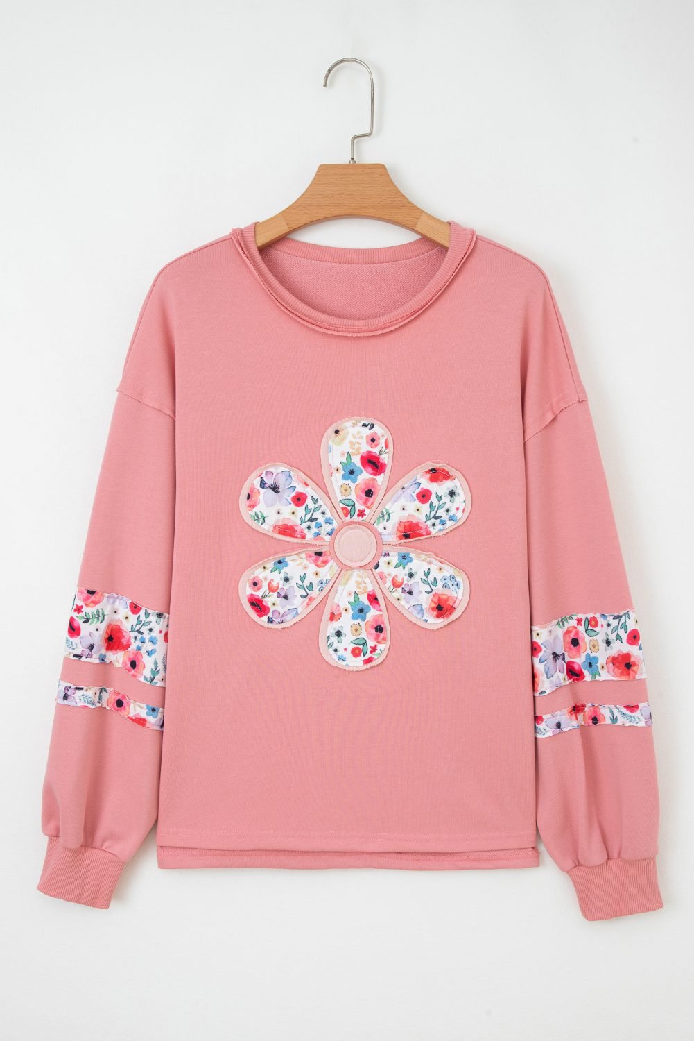 Peach Blossom Floral Applique Baggy Pullover Sweatshirt