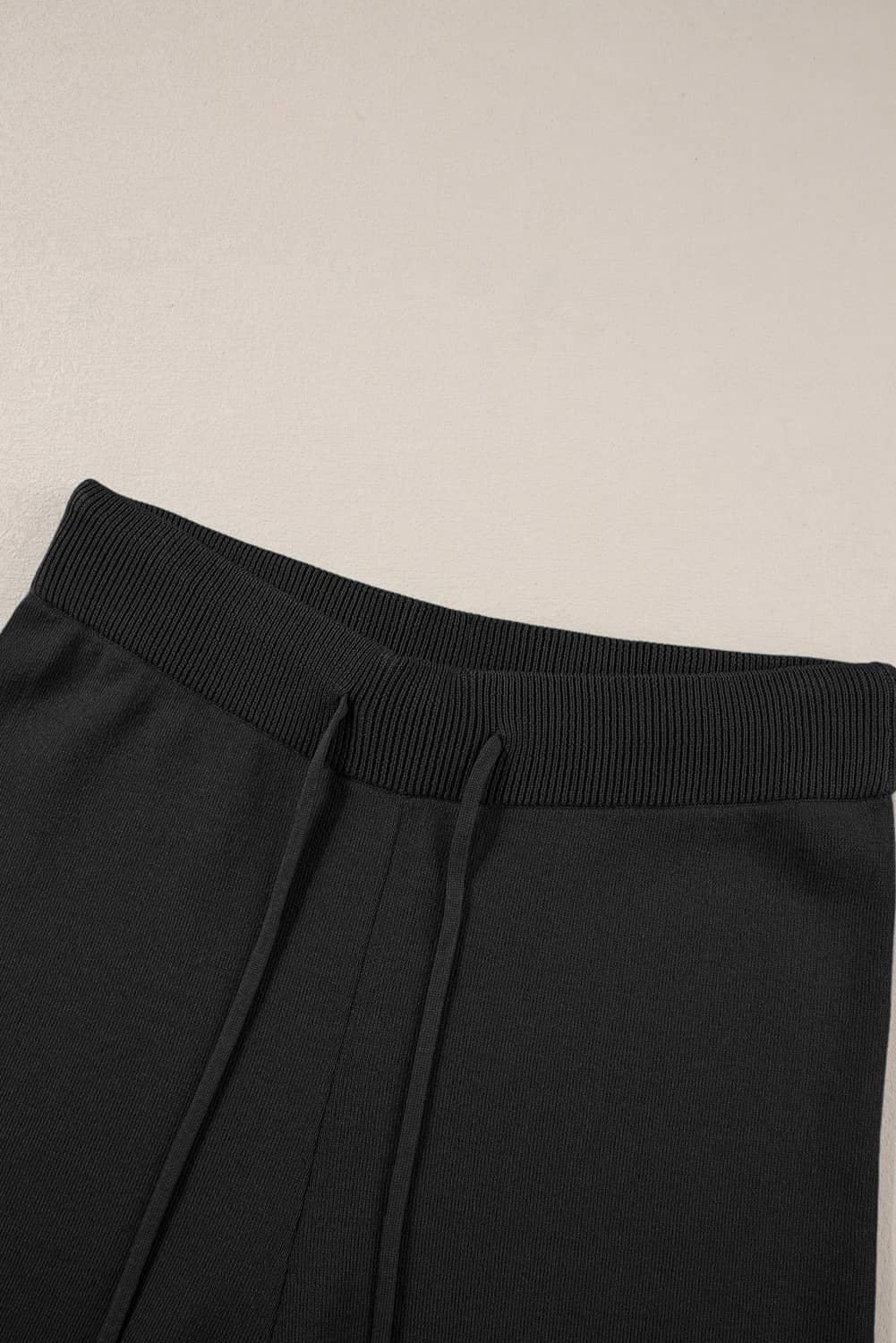 Black Contrast Trim Half Sleeve Top Drawstring Pants Loose 2Pcs Sweater Suit