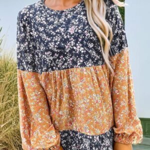 Blue Floral Color Block Patchwork Ruffled Hem Round Neck Blouse