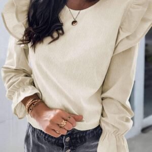 Beige Ruffled Flounce Sleeve Corduroy Blouse