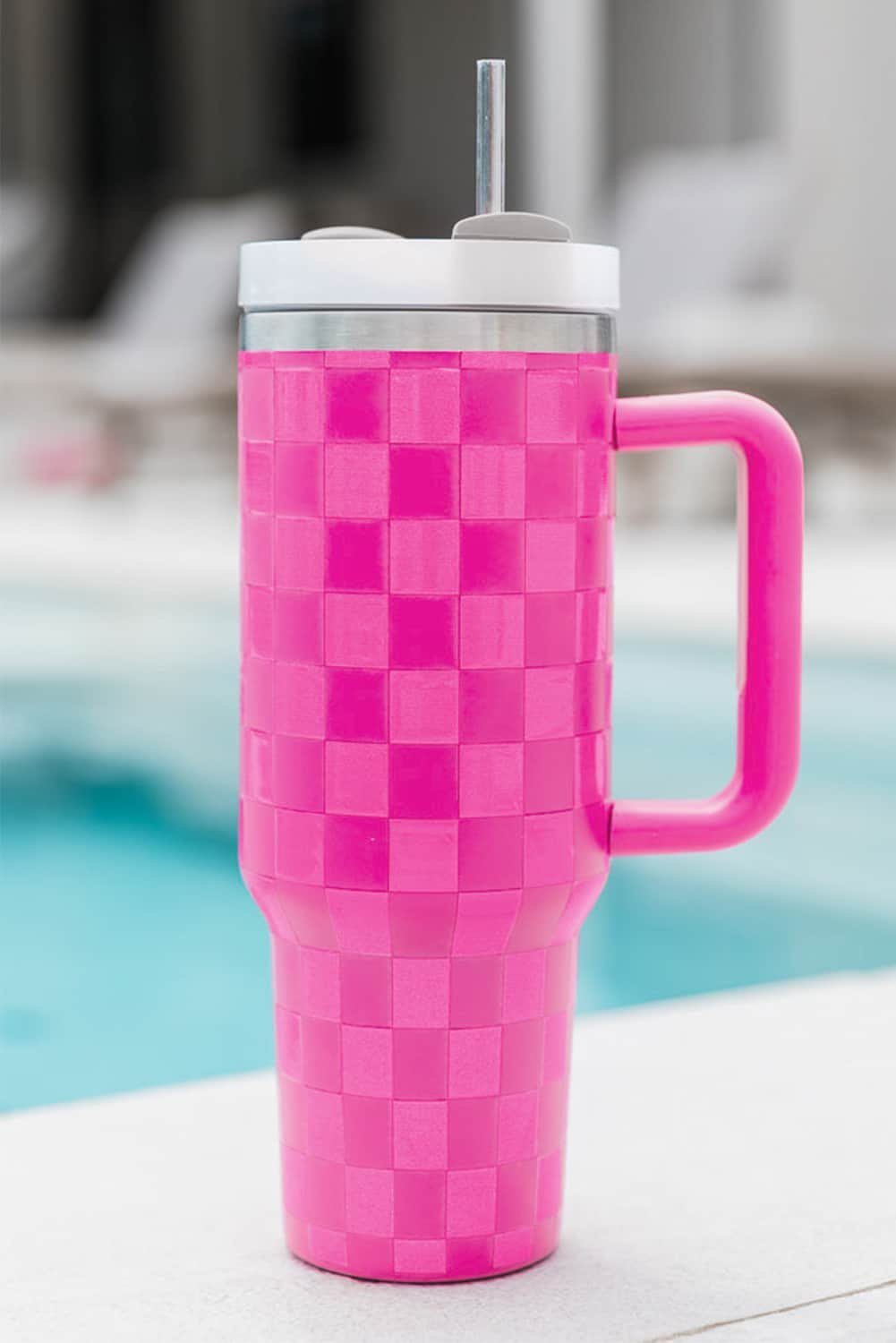 Dark Pink Checkered Print Handled Stainless Steel Tumbler Cup 40Oz
