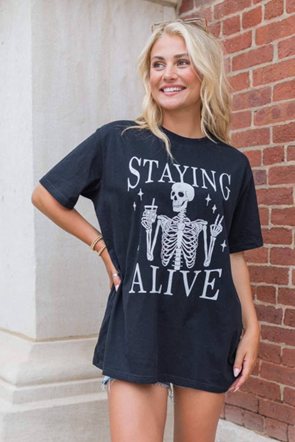 Black Staying Alive Funny Skeleton Print Round Neck T Shirt