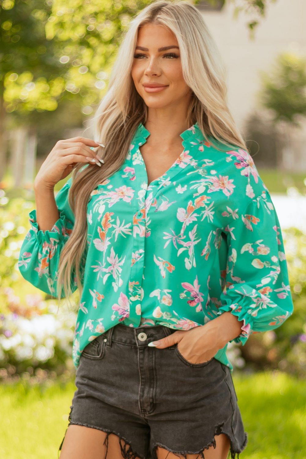 Green Floral Lantern Sleeve Button Front Shirt