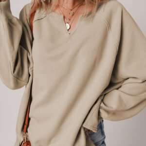 Parchment Raw Edge Exposed Seam Raglan Sleeve Side Slit Sweatshirt
