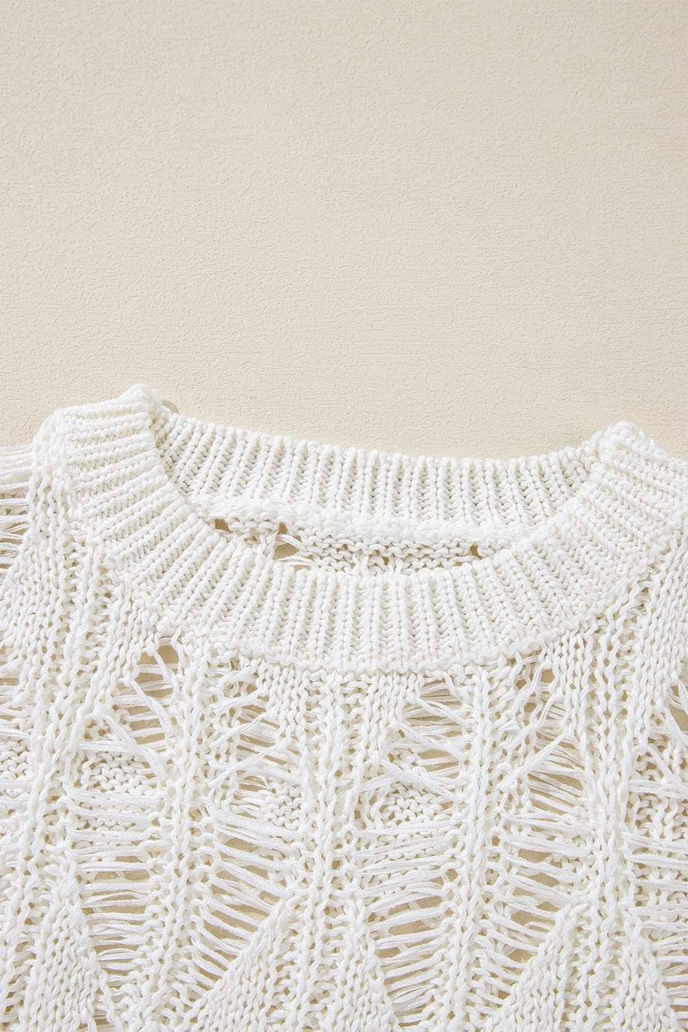 White Cut Out Crochet Crew Neck Loose Fit Sweater