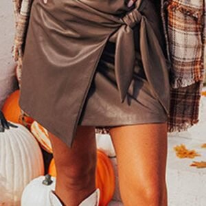 Coffee Bowknot Faux Leather Mini Skirt