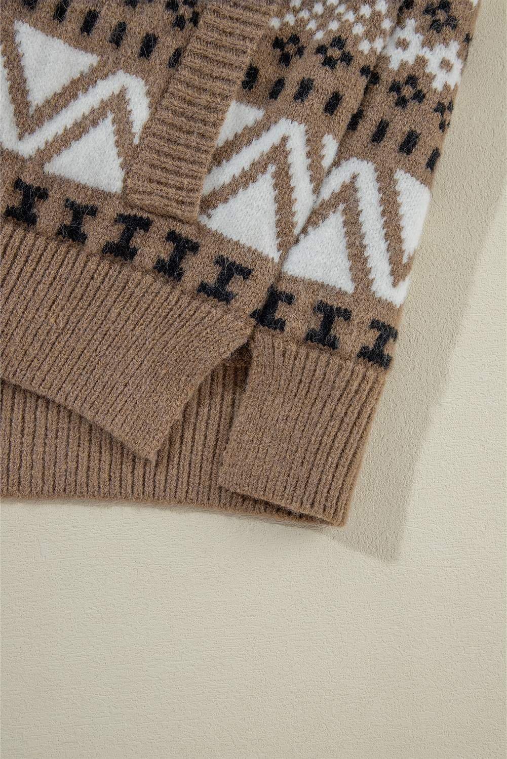 Brown Western Printed Ribbed Trim Collared Zip Up Cardigan