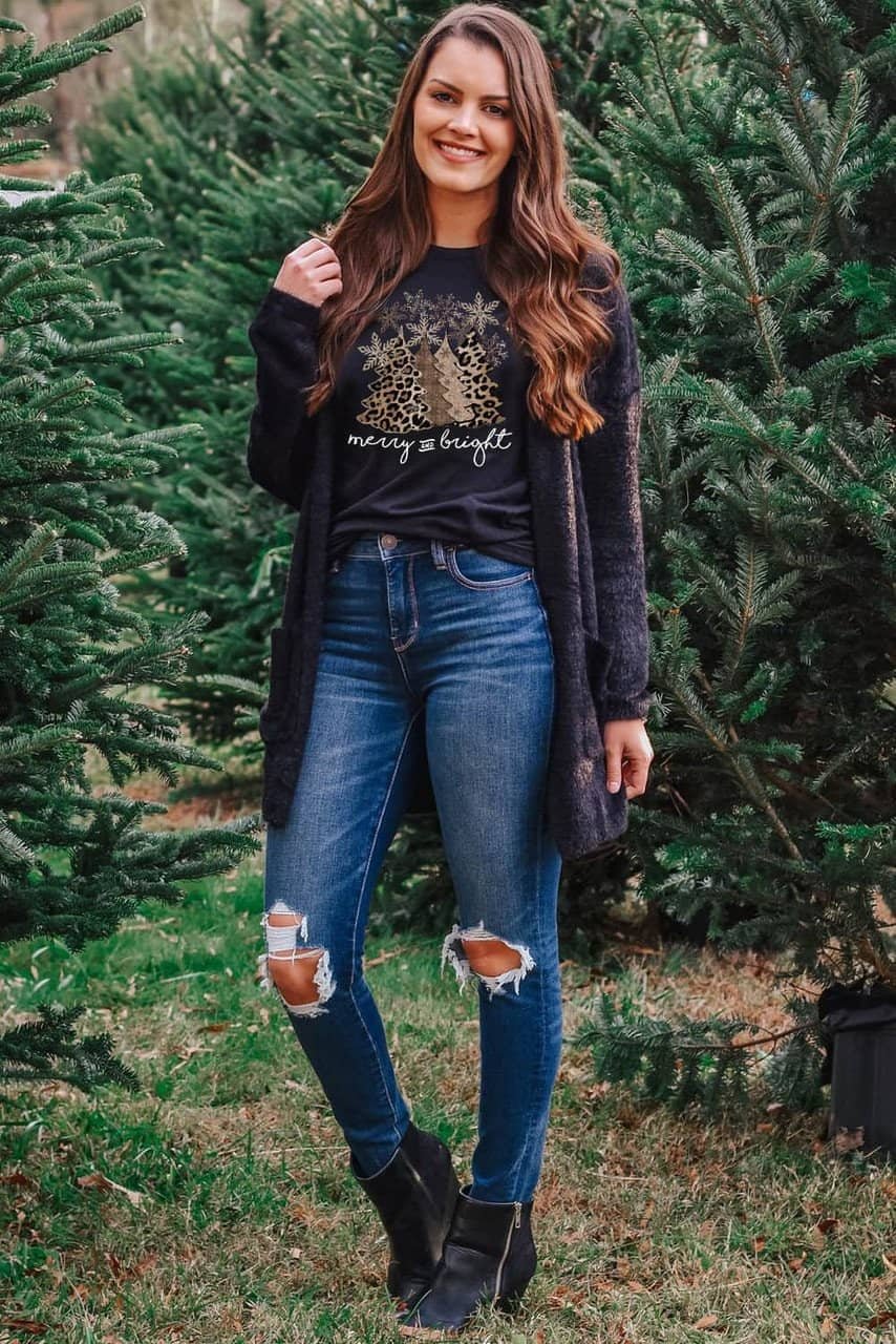 Black Leopard Christmas Tree Graphic Print Crew Neck T Shirt