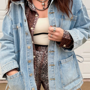 Beau Blue Multi Patched Pockets Side Tie Up Boyfriend Style Denim Jacket
