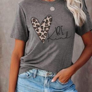 Be Kind Leopard Heart Shape Print Short Sleeve T-Shirt